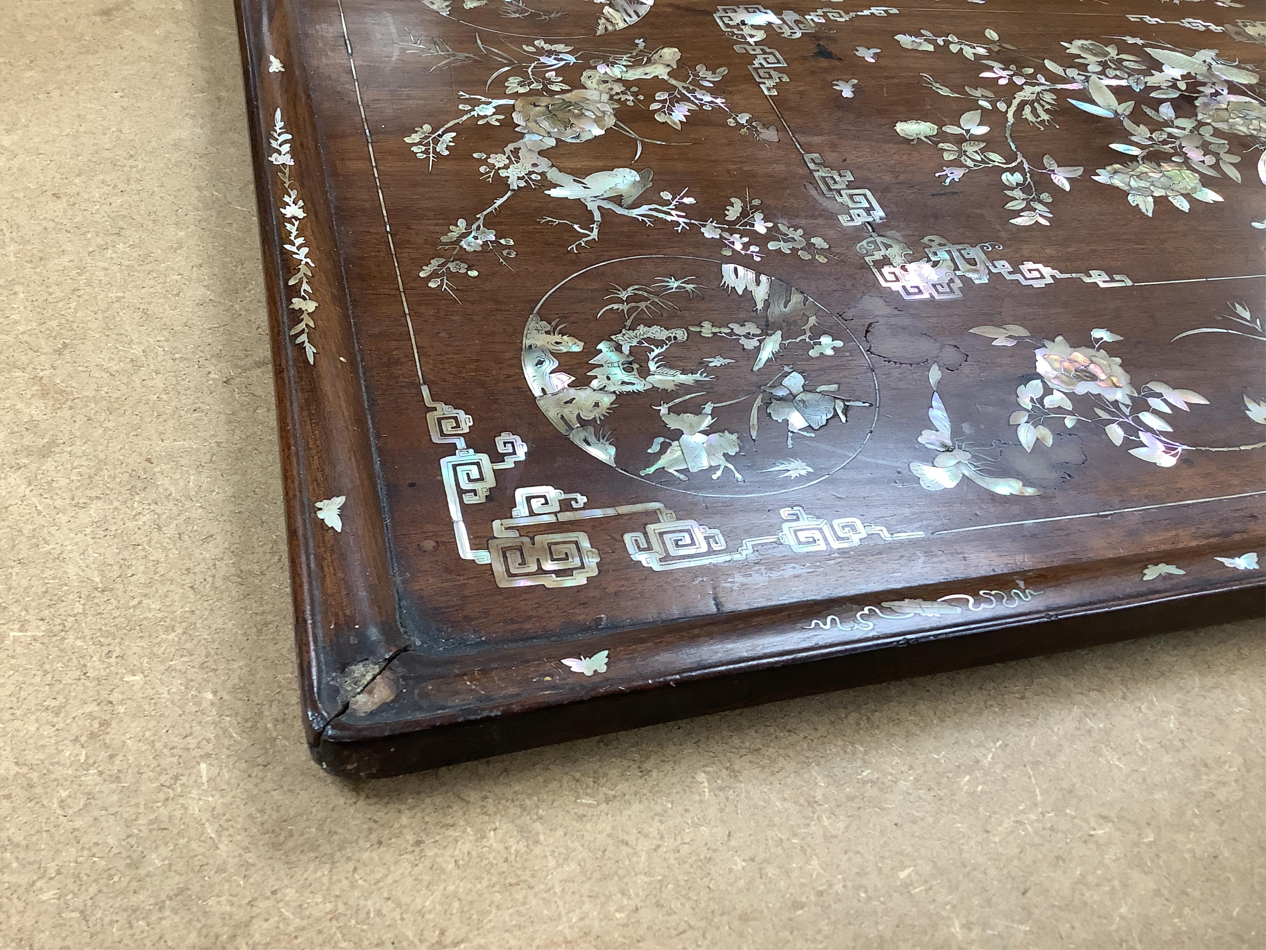 A Chinese hongmu and mother of pearl inlaid tray, 70cm wide x 48cm deep
